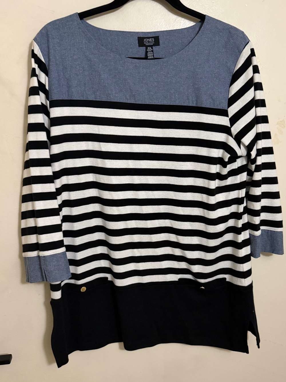 Jones New York Blue Black and White Striped Scoop Neck Tunic